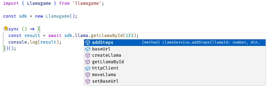 TypeScript code showing the autocomplete options of the sdk.llama property in VS Code